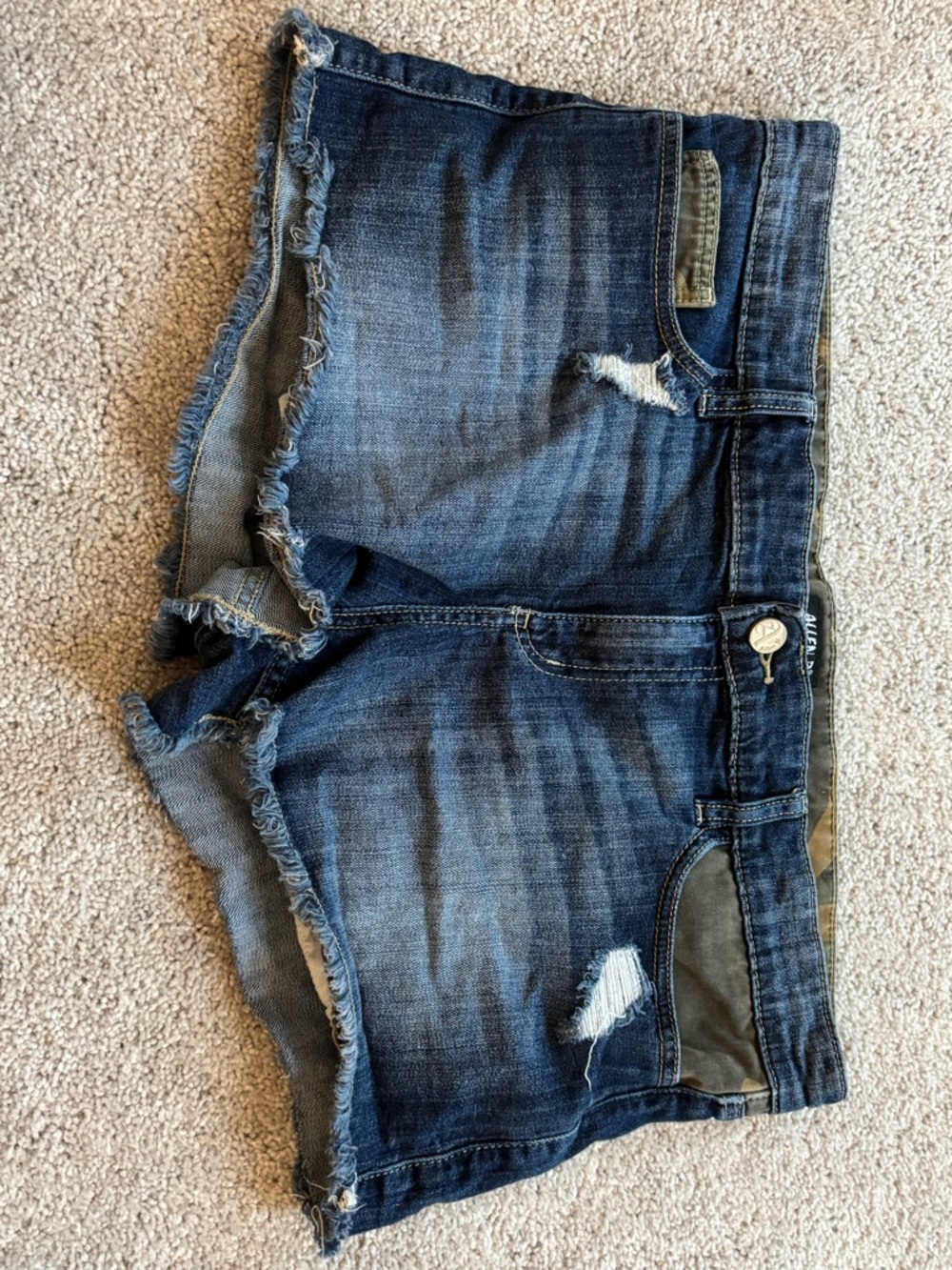 Frayed Hem Distressed Denim Shorts With Camo Designs - Dark Wash
